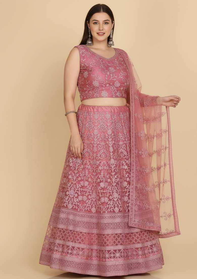 Dusty Pink Embroidered Net Lehenga Set - Indya