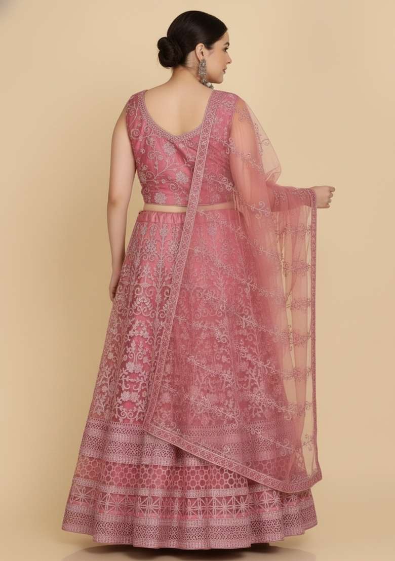 Dusty Pink Embroidered Net Lehenga Set - Indya