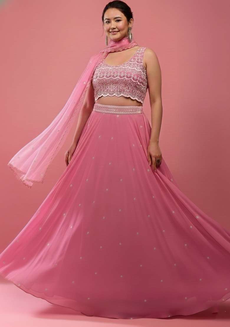 Pink Embroidered Georgette Lehenga Set - Indya