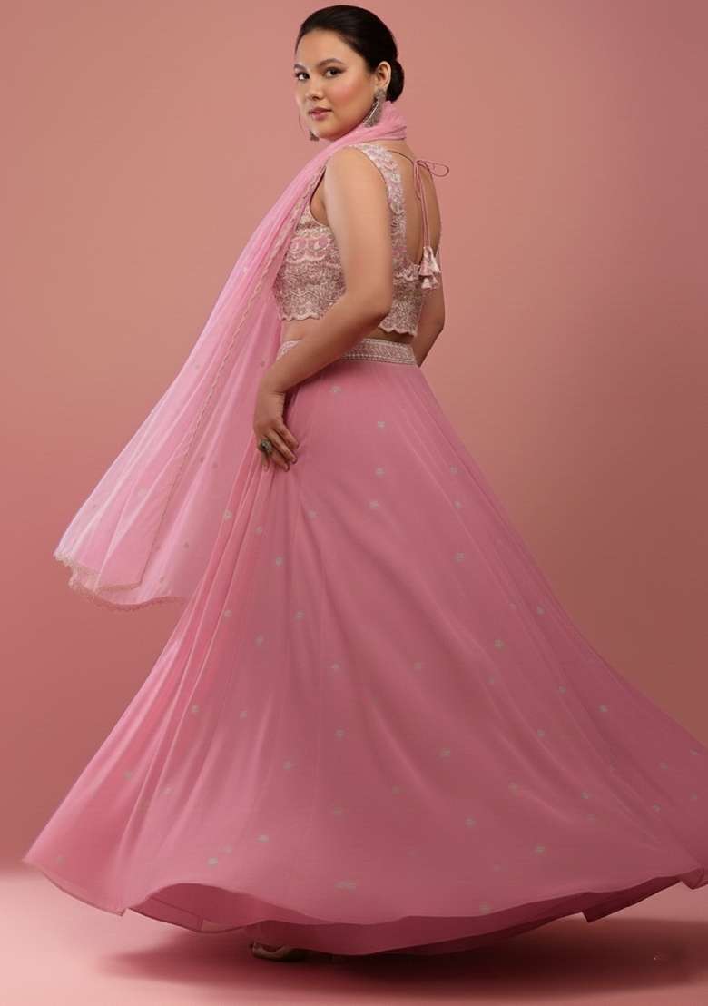 Pink Embroidered Georgette Lehenga Set - Indya
