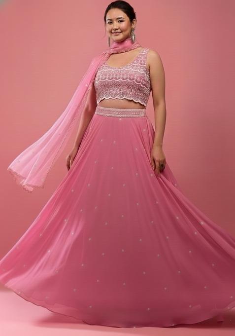 Pink Embroidered Georgette Lehenga Set