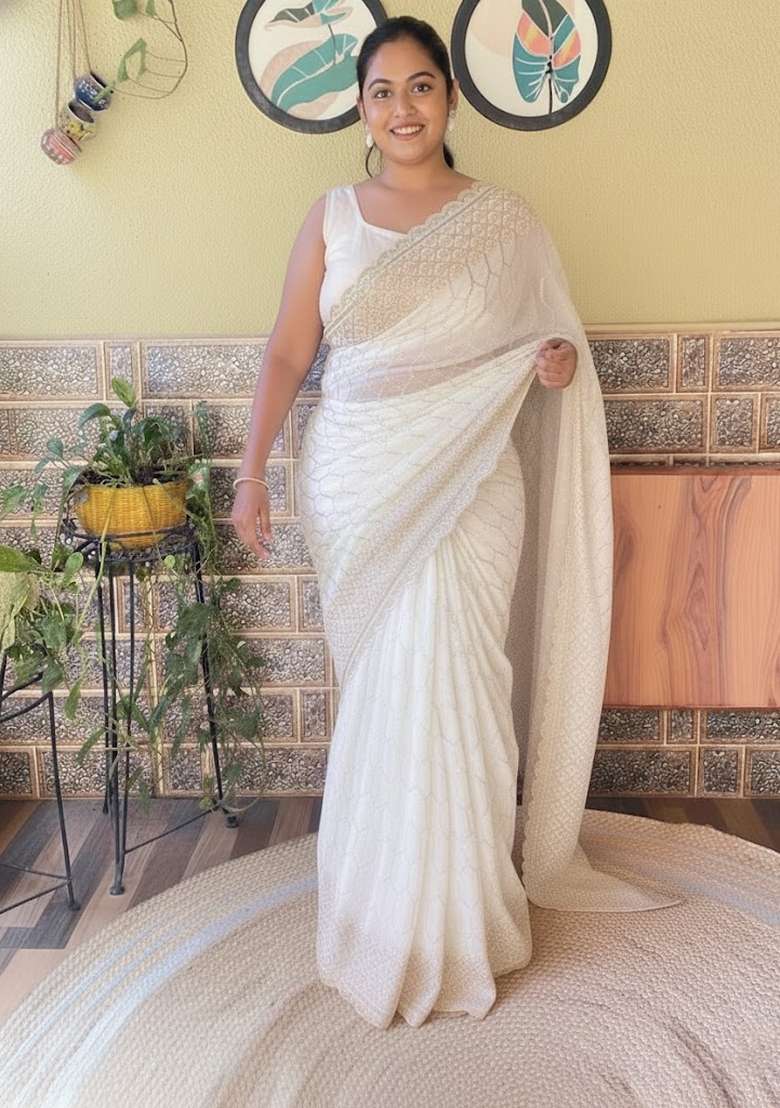 Cream Embroidered Georgette Saree Set - Indya
