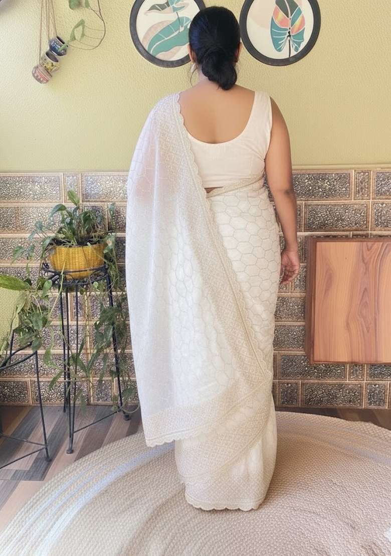 Cream Embroidered Georgette Saree Set - Indya
