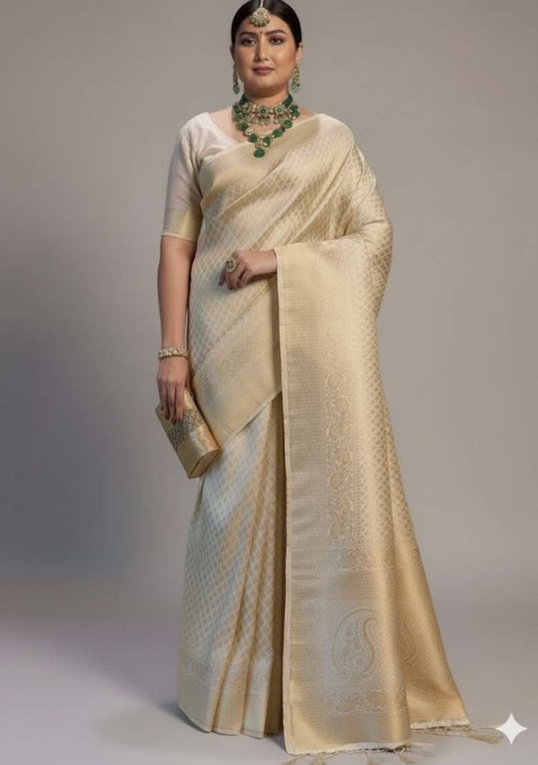 White Motif Silk Blend Saree Set - Indya