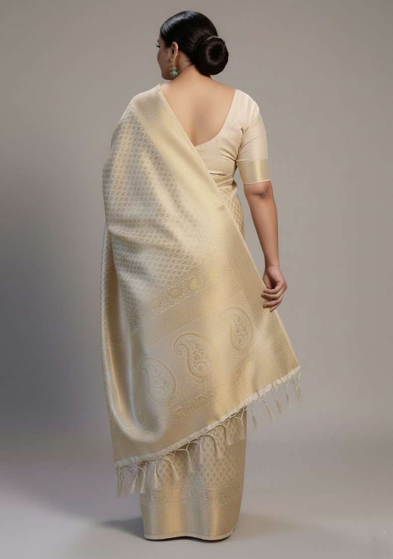White Motif Silk Blend Saree Set - Indya