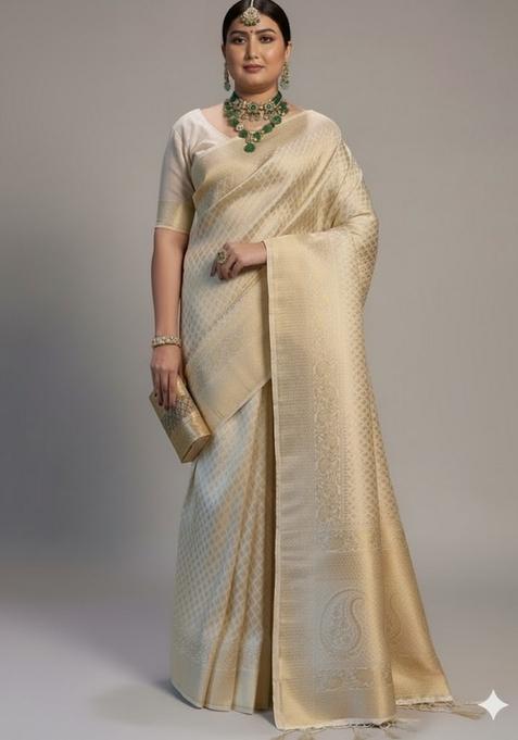 White Motif Silk Saree Set