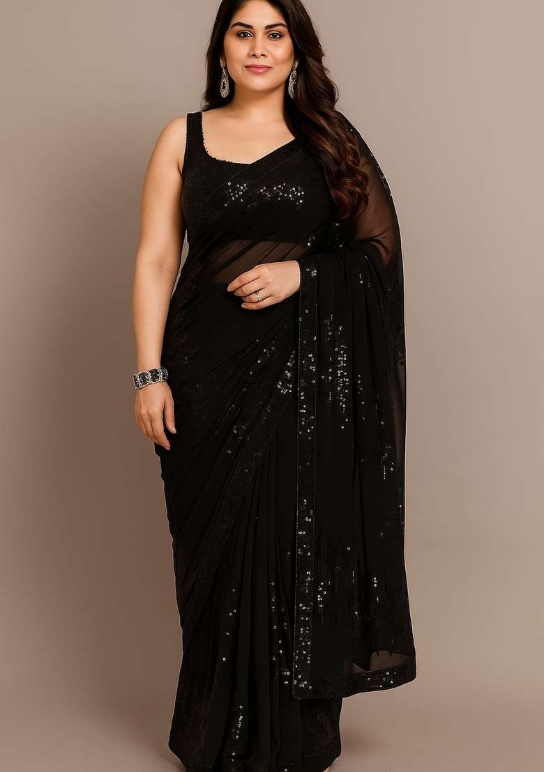 Black Embroidered Georgette Saree Set - Indya