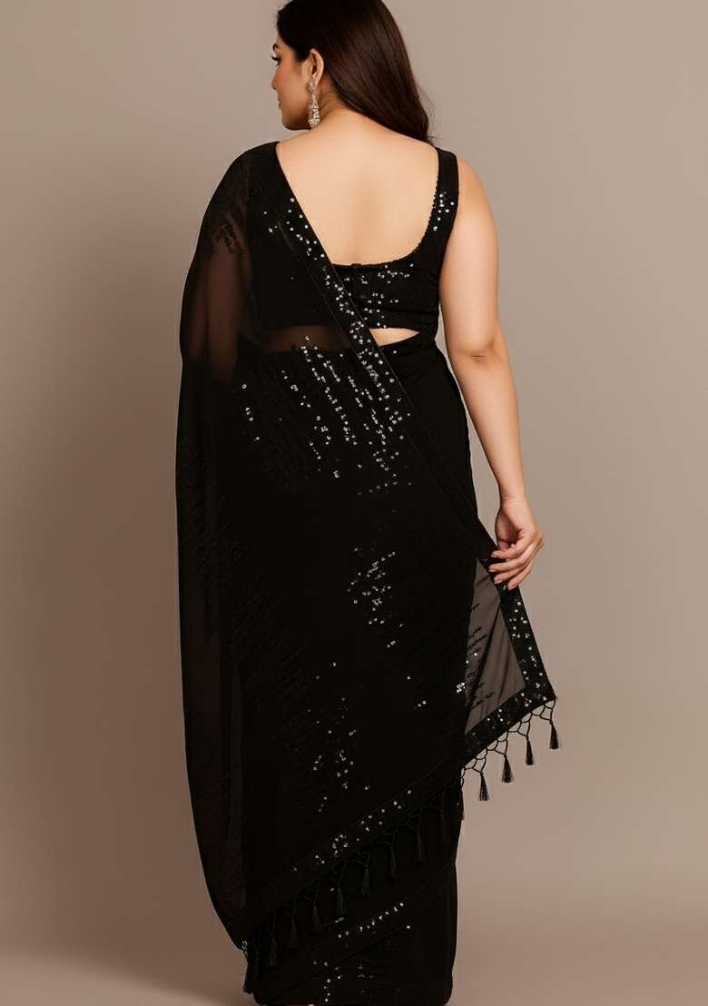 Black Embroidered Georgette Saree Set - Indya
