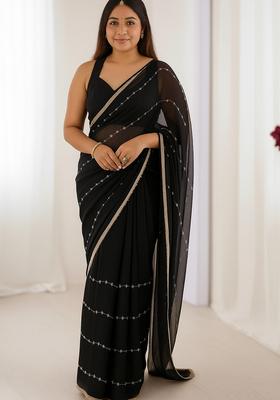 Black Embroidered Chiffon Saree Set