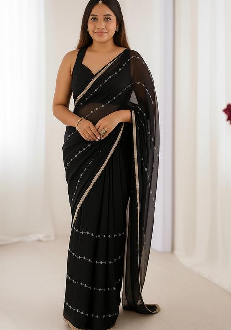 Black Embroidered Chiffon Saree Set