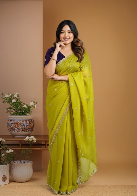 Lime Embroidered Chiffon Saree Set