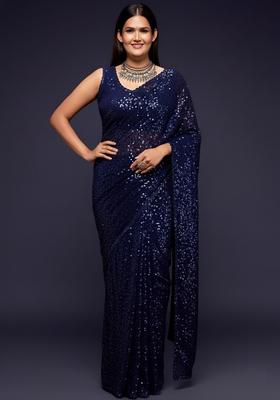 Blue Embroidered Georgette Saree Set