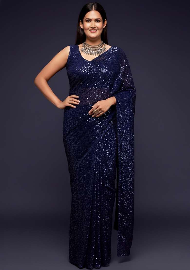 Blue Embroidered Georgette Saree Set - Indya