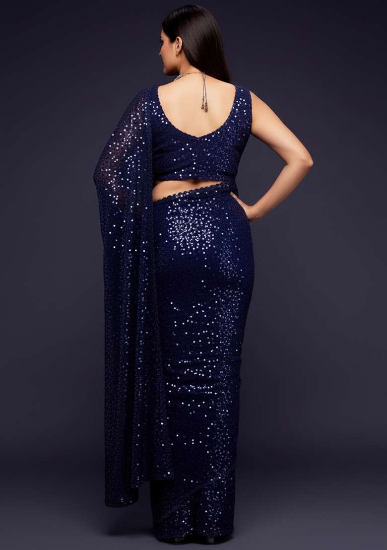 Blue Embroidered Georgette Saree Set - Indya