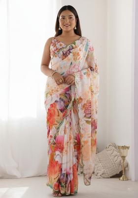 Multicolor Printed Chiffon Saree Set