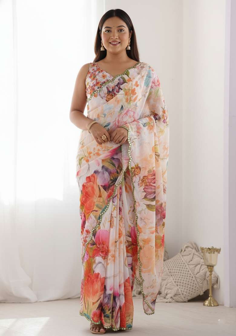 Multicolor Printed Chiffon Saree Set - Indya