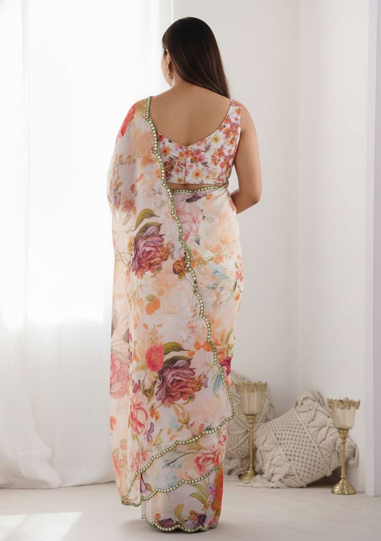 Multicolor Printed Chiffon Saree Set - Indya
