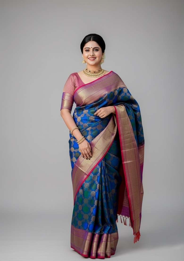 Blue Motif Silk Blend Saree Set - Indya