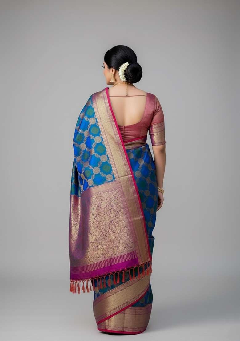 Blue Motif Silk Blend Saree Set - Indya