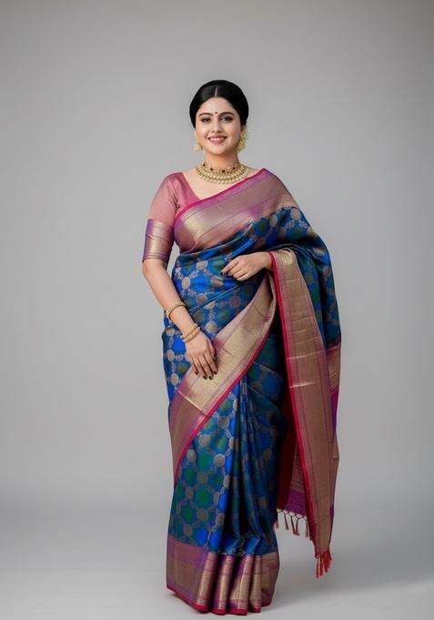 Blue Motif Silk Saree Set