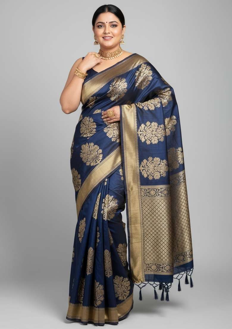 Petrol Blue Motif Silk Blend Saree Set - Indya