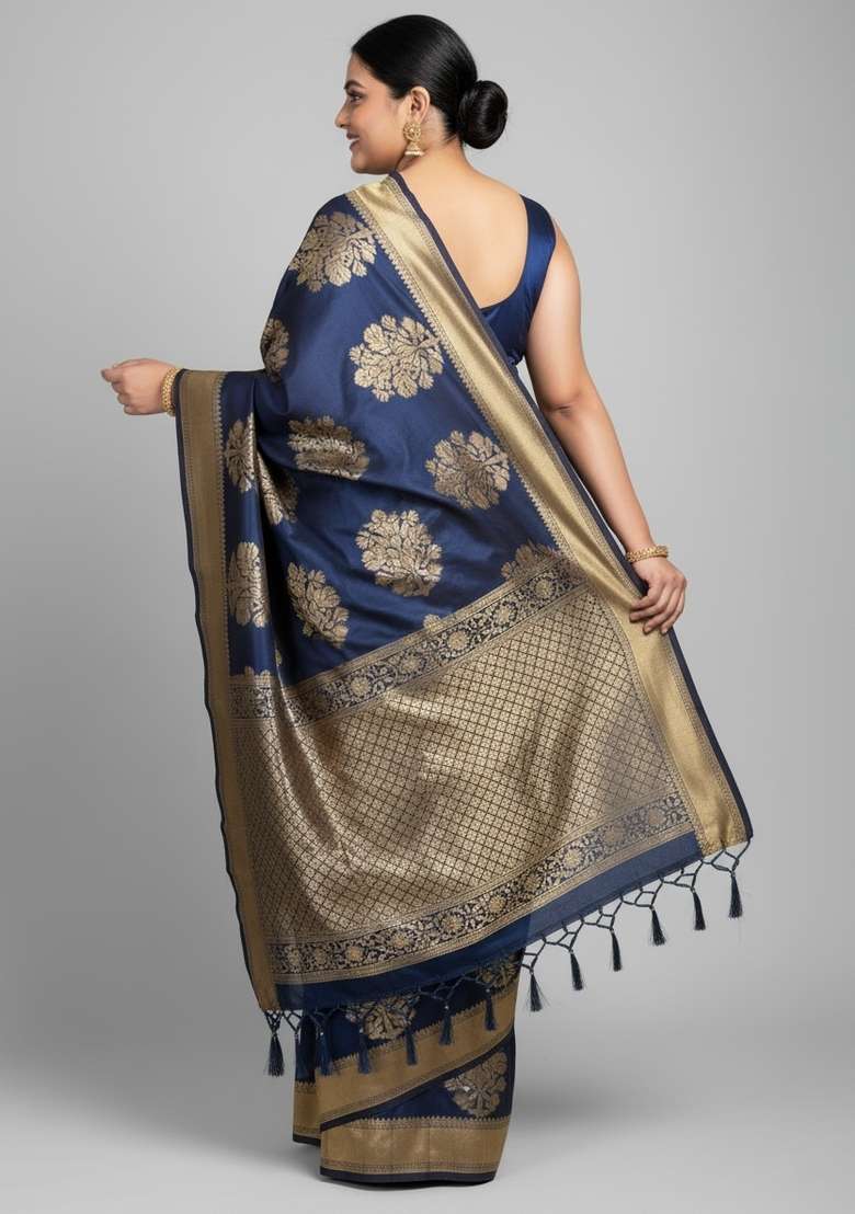 Petrol Blue Motif Silk Blend Saree Set - Indya
