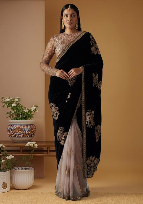 Black sequin Work Velvet Saree Set