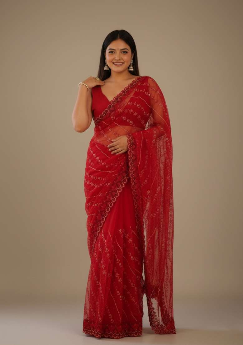 Red Embroidered Net Saree Set - Indya
