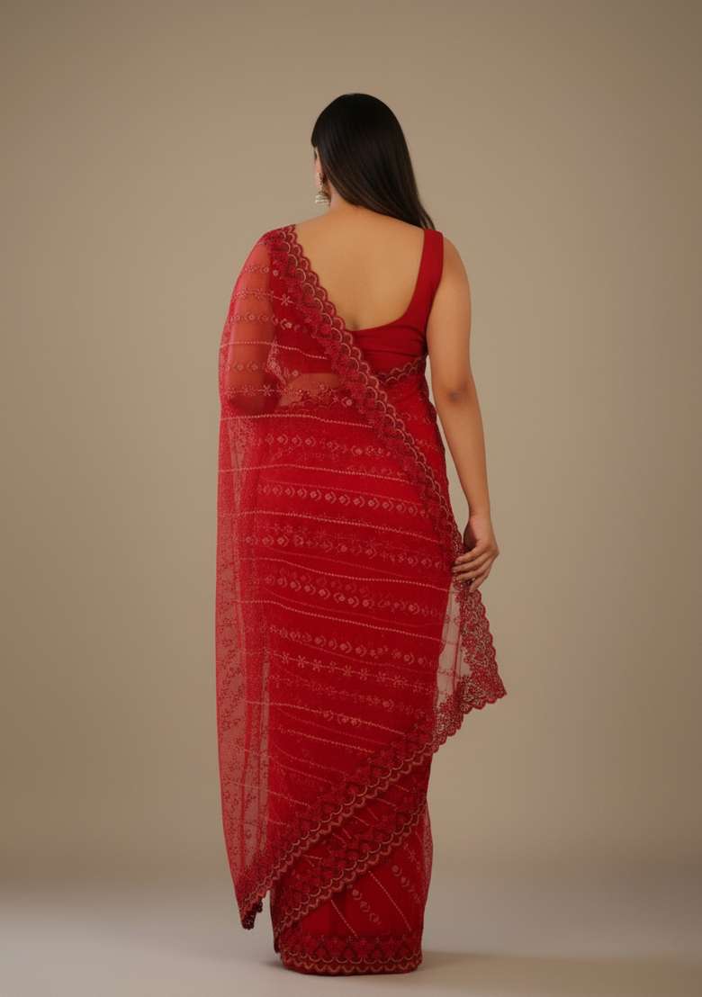 Red Embroidered Net Saree Set - Indya
