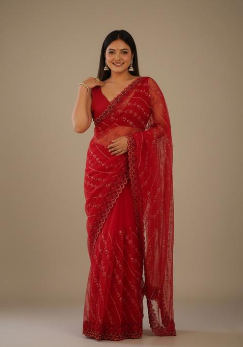 Red Embroidered Net Saree Set