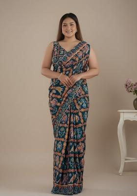 Multi Color Mirror Work Chinon Saree Set