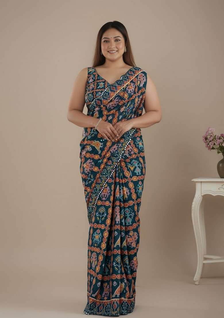 Multi Color Mirror Work Chinon Saree Set - Indya
