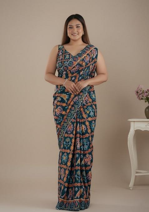 Multi Color Mirror Work Chinon Saree Set