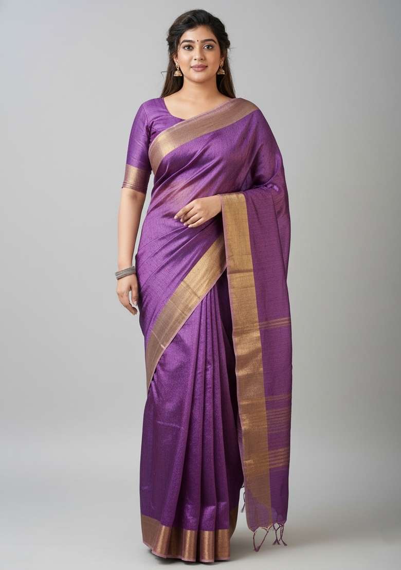 Purple Motif Silk Blend Saree Set - Indya
