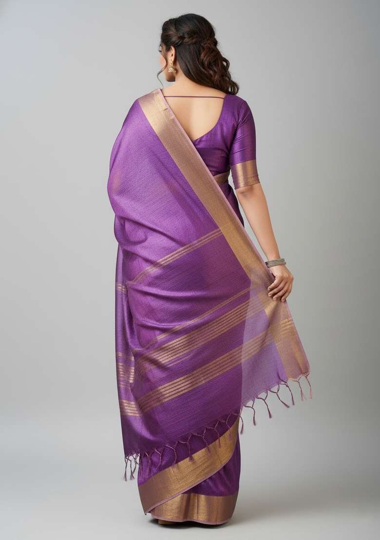 Purple Motif Silk Blend Saree Set - Indya