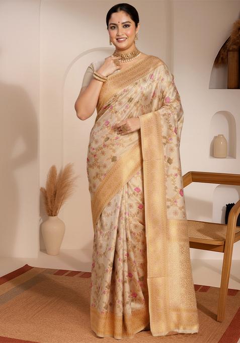 White Woven Design Silk Saree Set