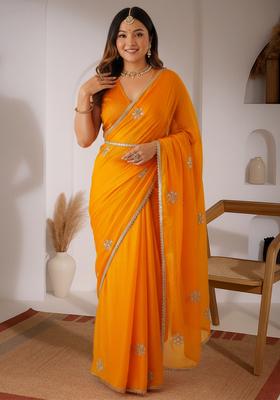 Yellow Embroidered Chiffon Saree Set