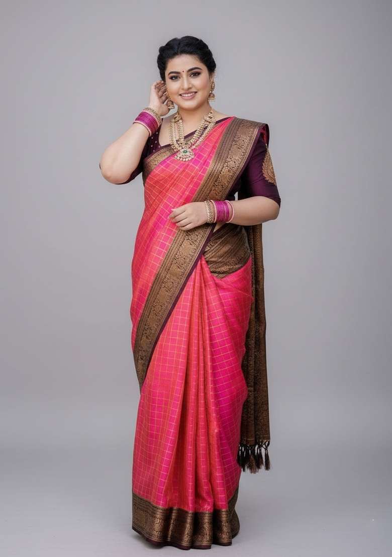 Pink Motif Silk Blend Saree Set - Indya
