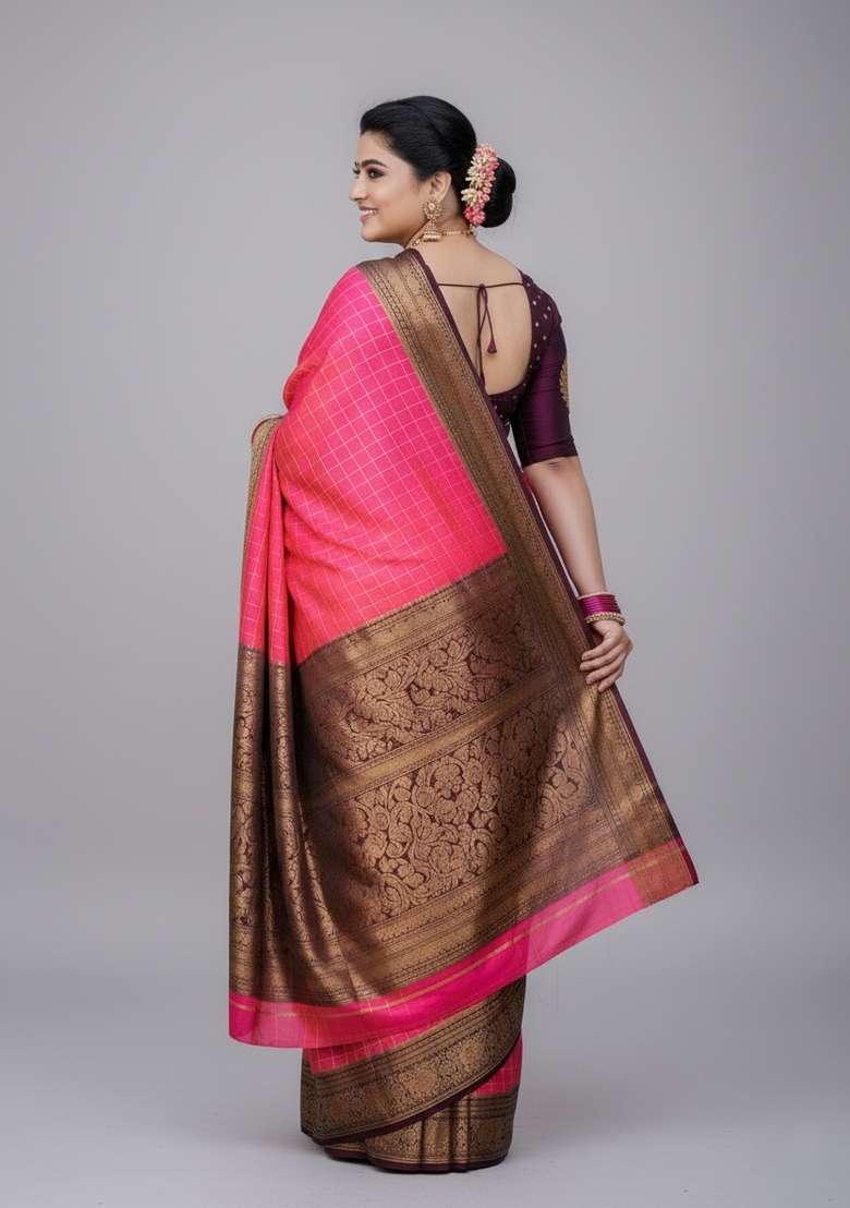 Pink Motif Silk Blend Saree Set - Indya