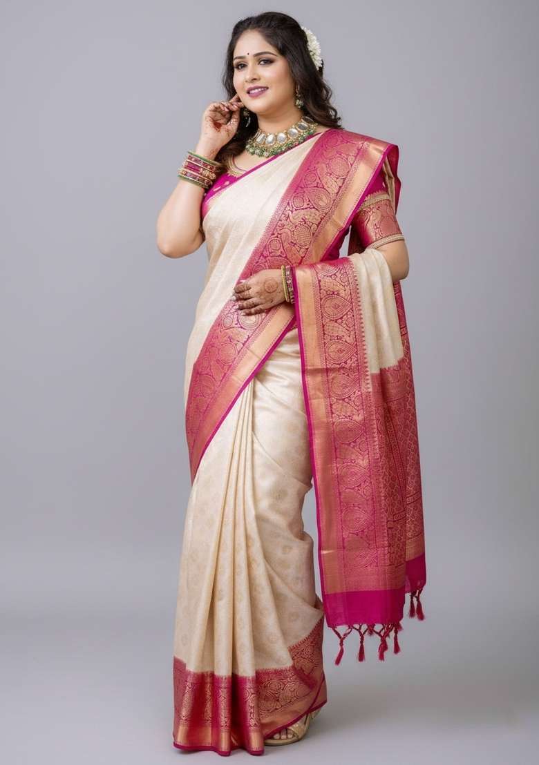 White Motif Silk Blend Saree Set - Indya