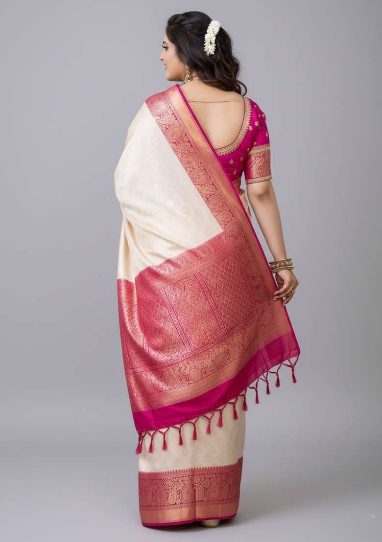 White Motif Silk Blend Saree Set - Indya