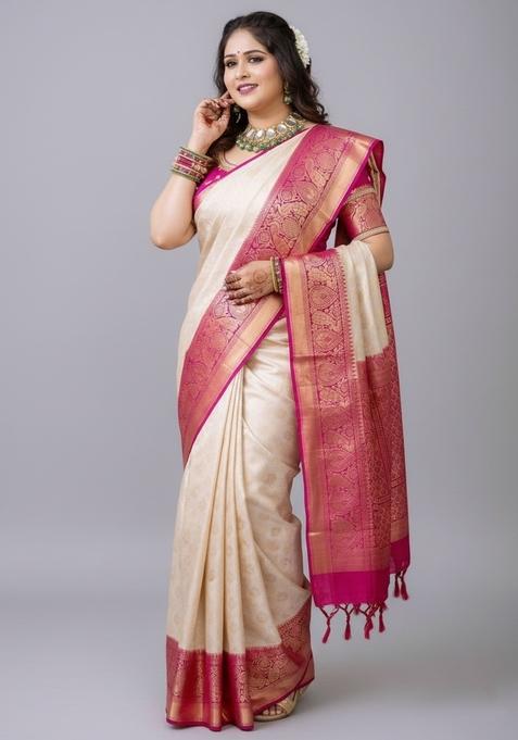 White Motif Silk Saree Set