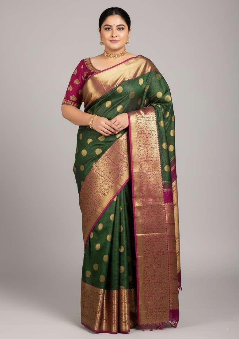 Green Motif Silk Blend Saree Set - Indya