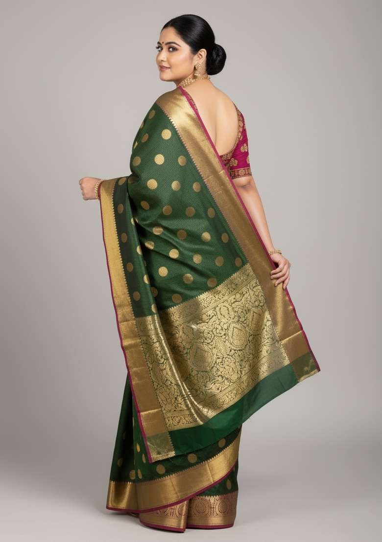 Green Motif Silk Blend Saree Set - Indya