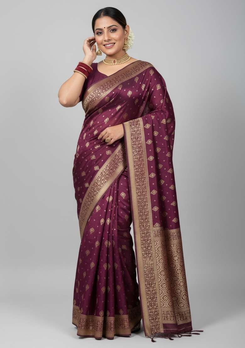 Wine Motif Silk Blend Saree Set - Indya