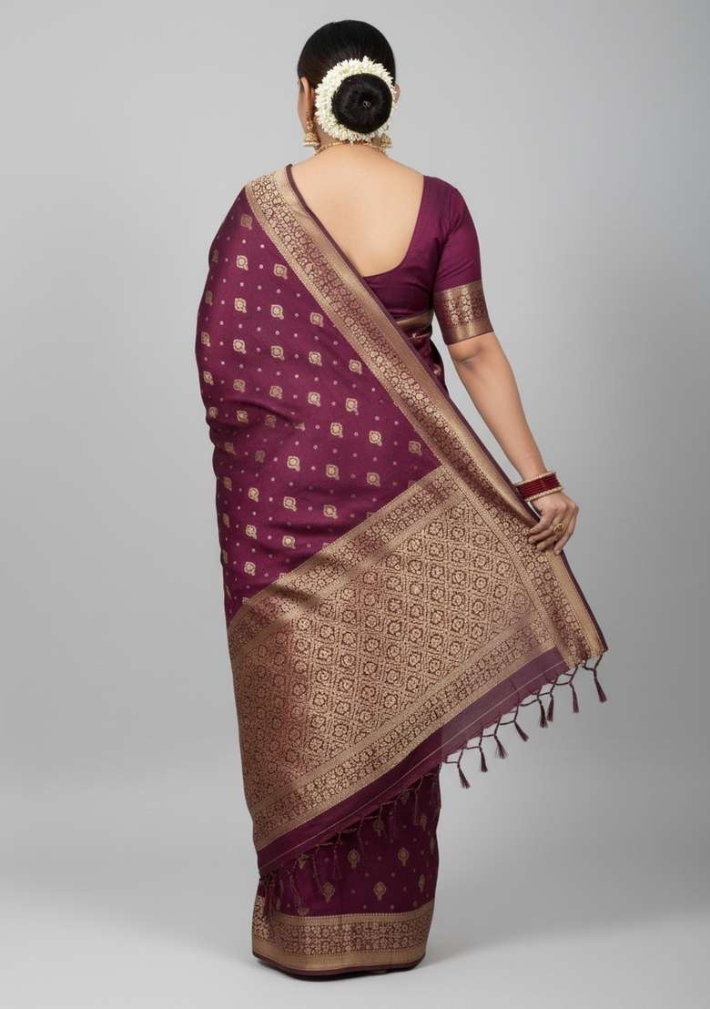 Wine Motif Silk Blend Saree Set - Indya