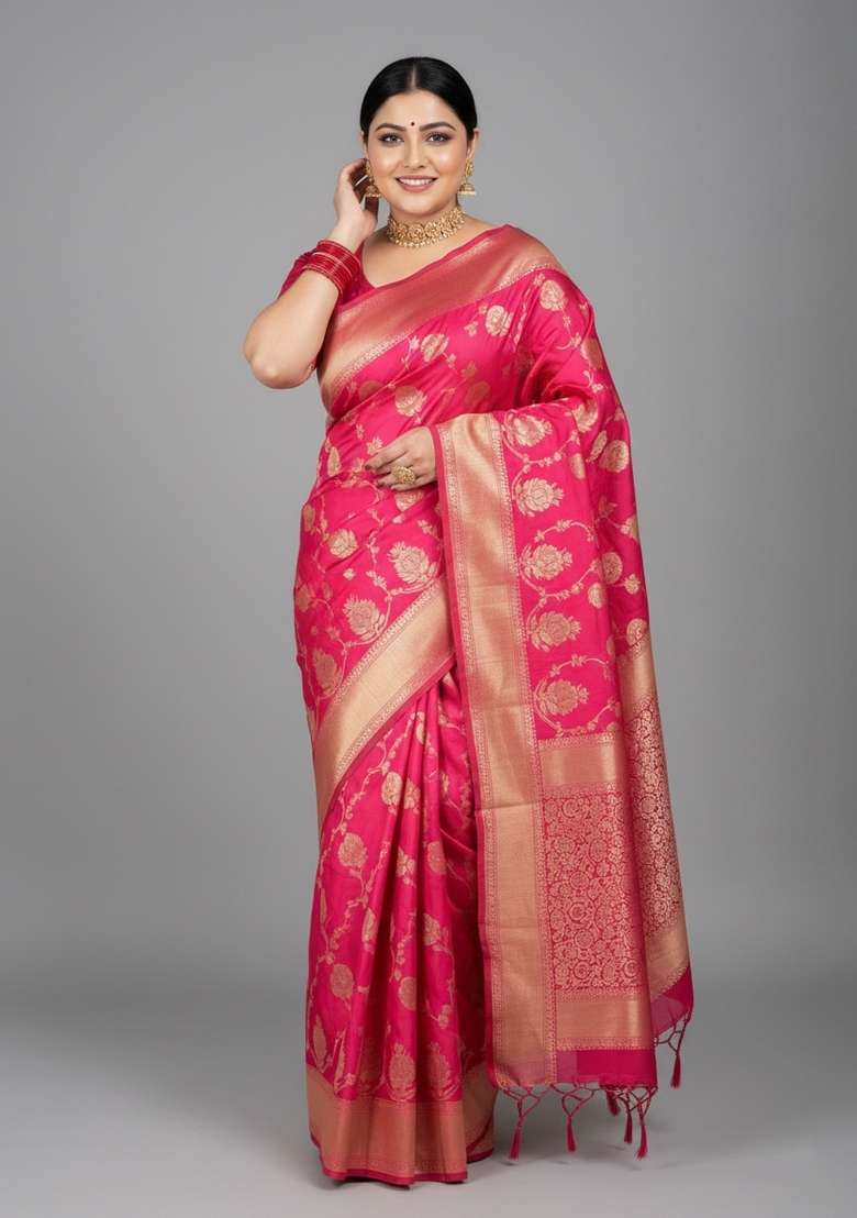 Pink Motif Silk Blend Saree Set - Indya