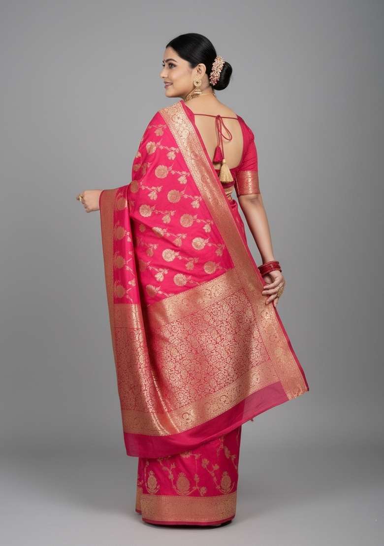 Pink Motif Silk Blend Saree Set - Indya