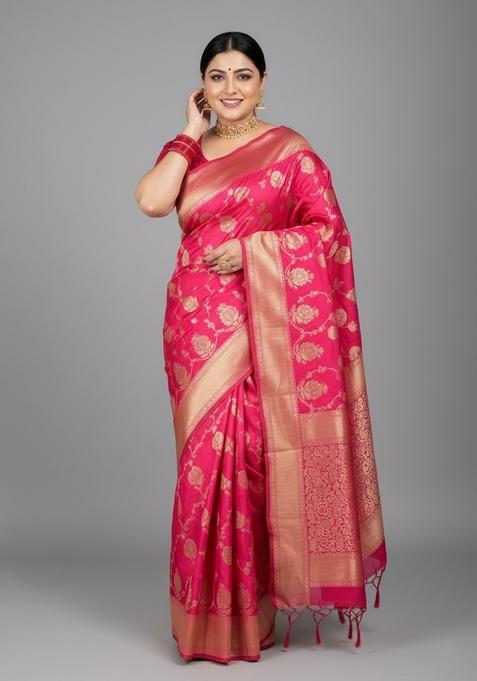 Pink Motif Silk Saree Set