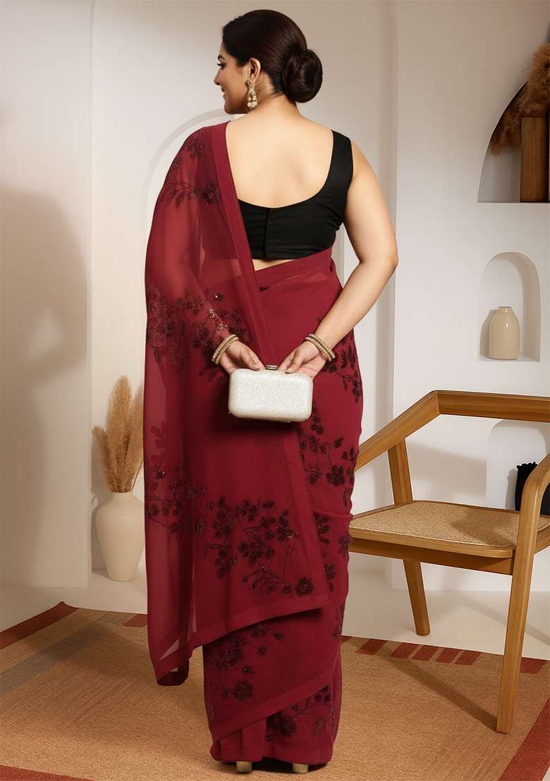 Maroon Embroidered Georgette Saree Set - Indya